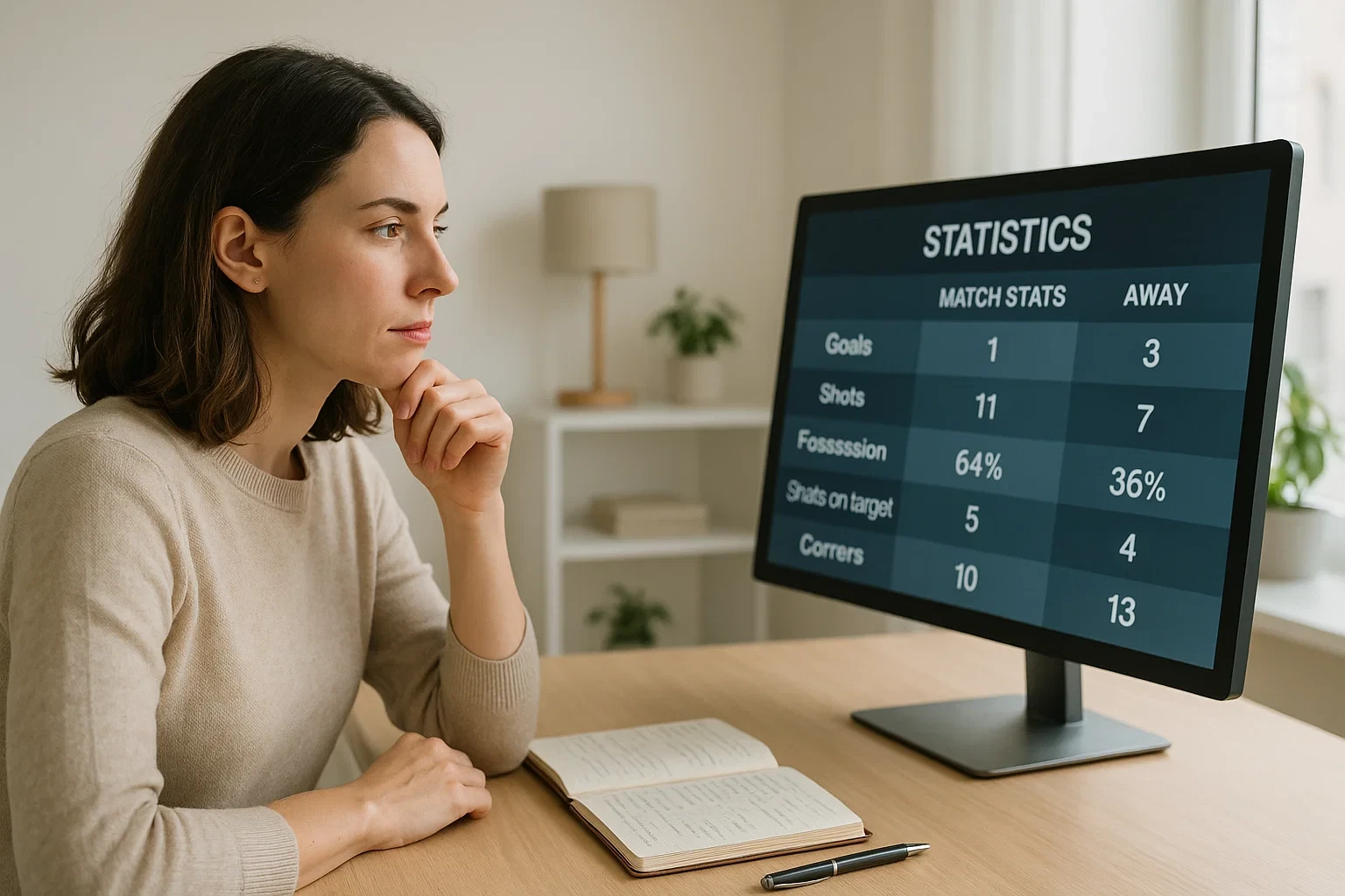 Mulher a analisar informações de apostas desportivas no computador com caderno de notas