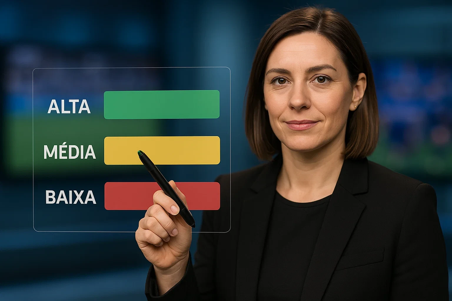 Analista desportiva a explicar níveis de probabilidade em quadro de análise