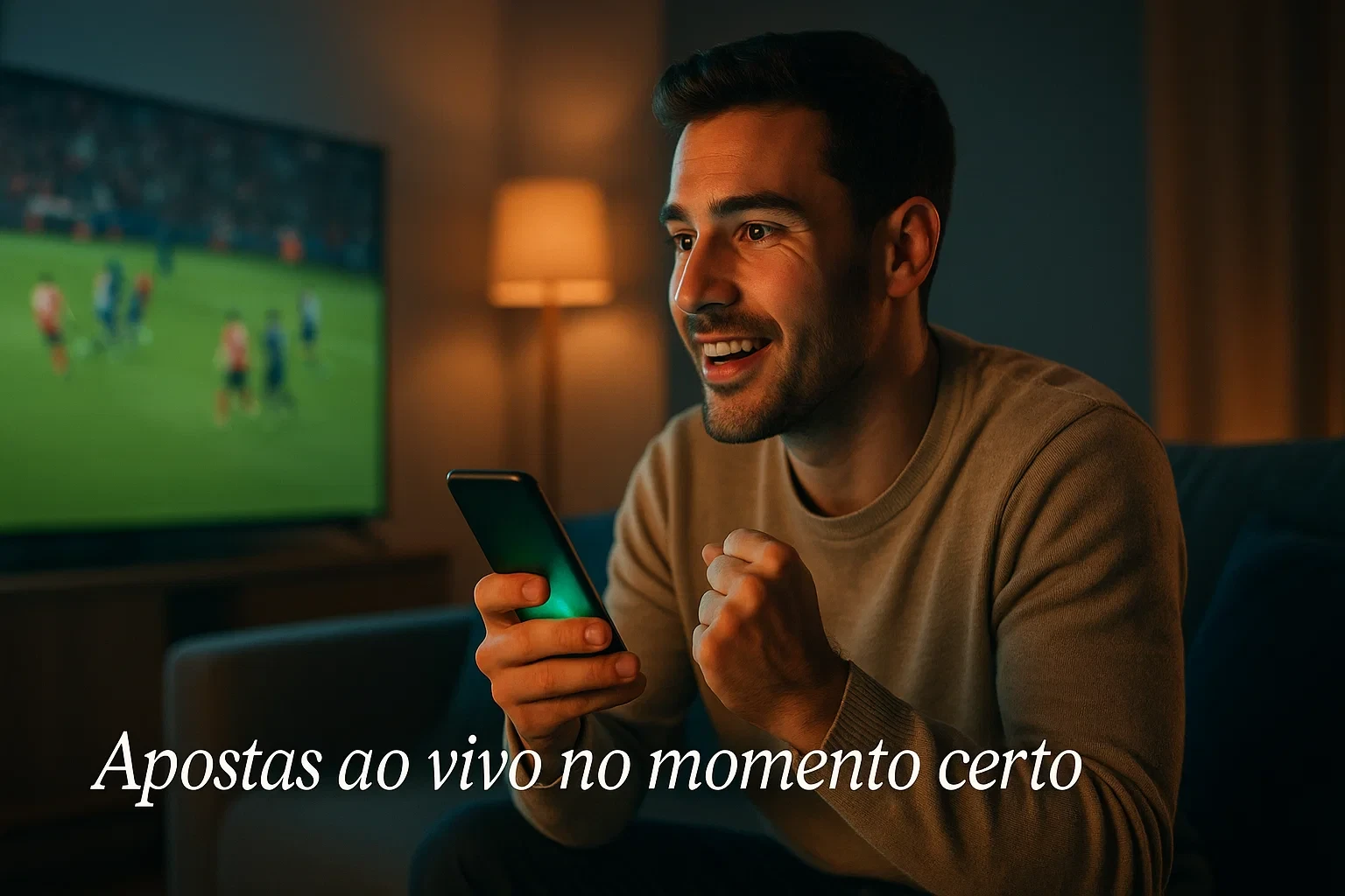 Homem a assistir futebol na televisão enquanto faz apostas ao vivo no smartphone
