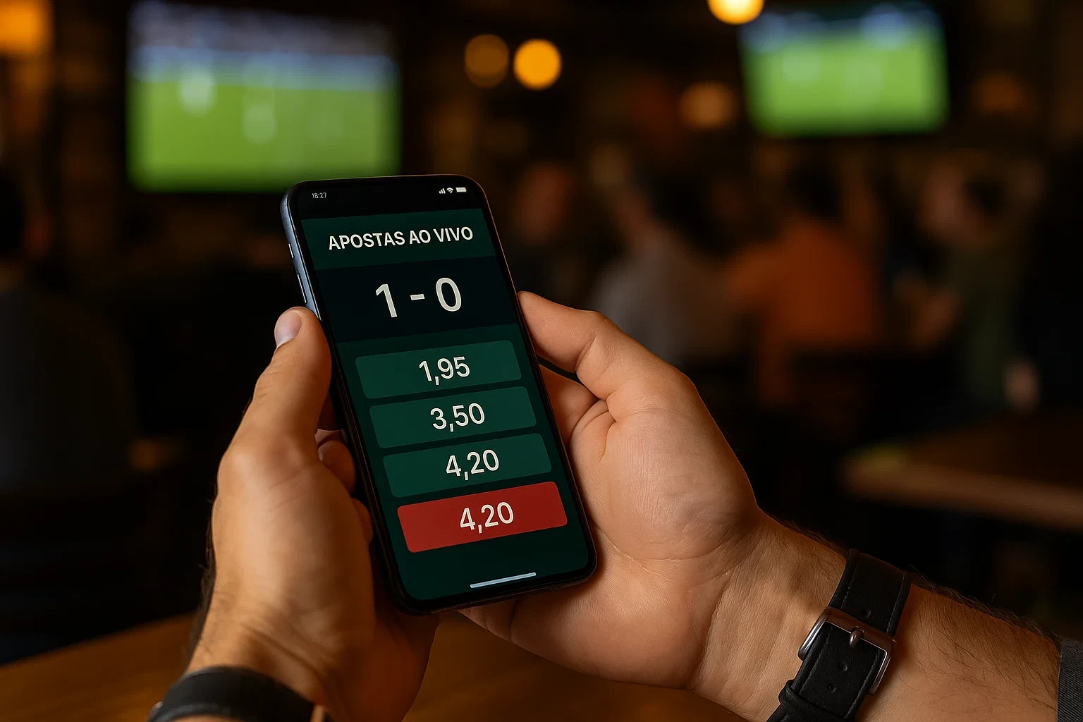 Mãos a segurar smartphone com interface de apostas ao vivo mostrando odds dinâmicas
