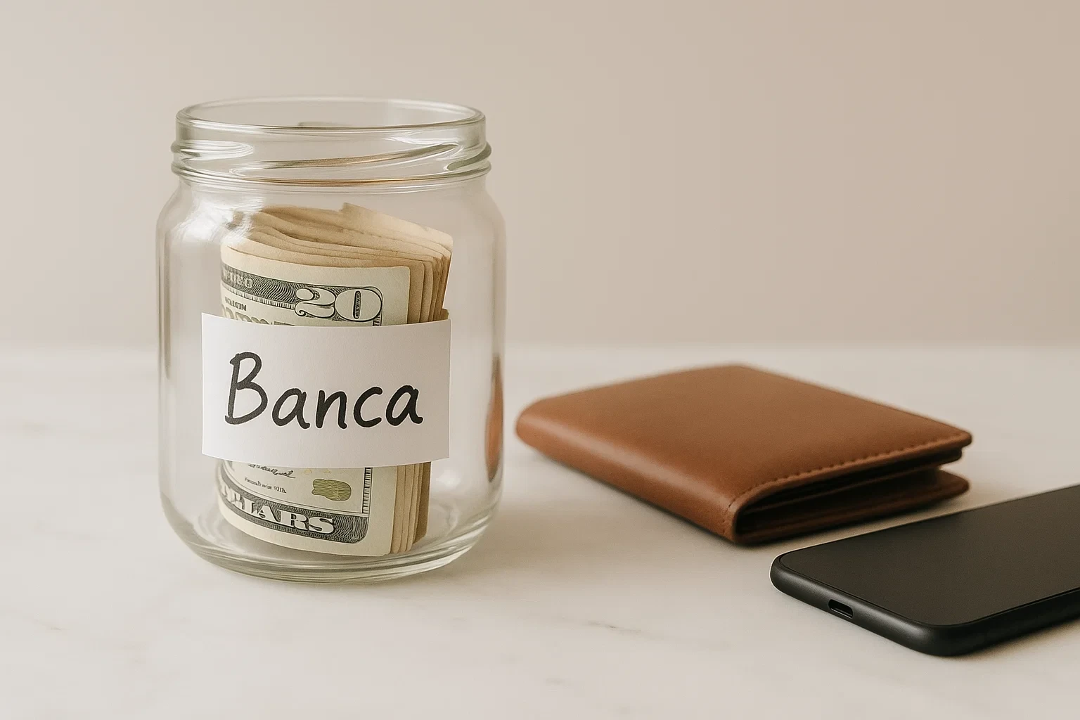Frasco de vidro com etiqueta Banca ao lado de carteira fechada representando fundos separados