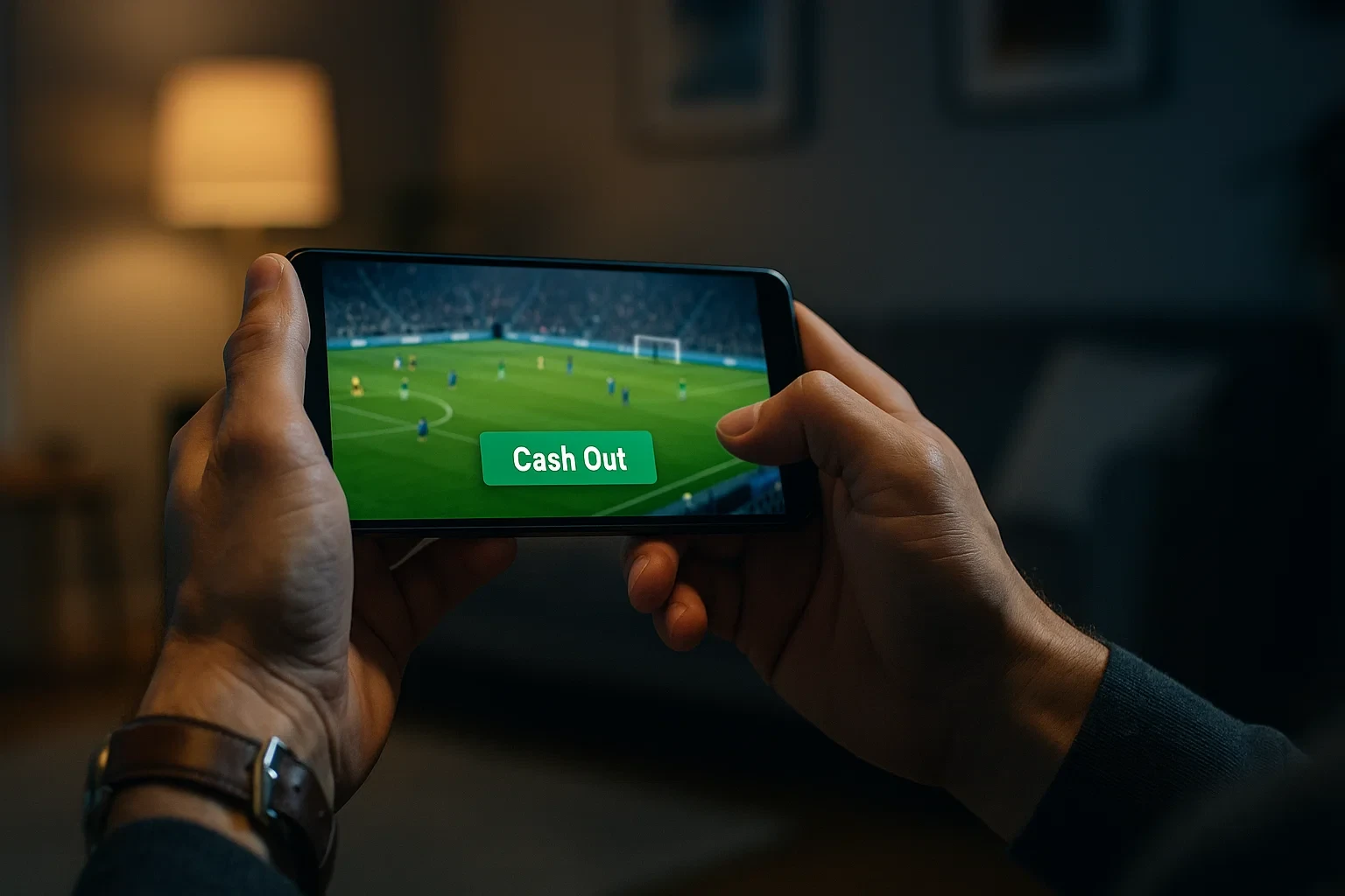 Mãos a segurar smartphone com jogo de futebol ao vivo e botão de cash out visível