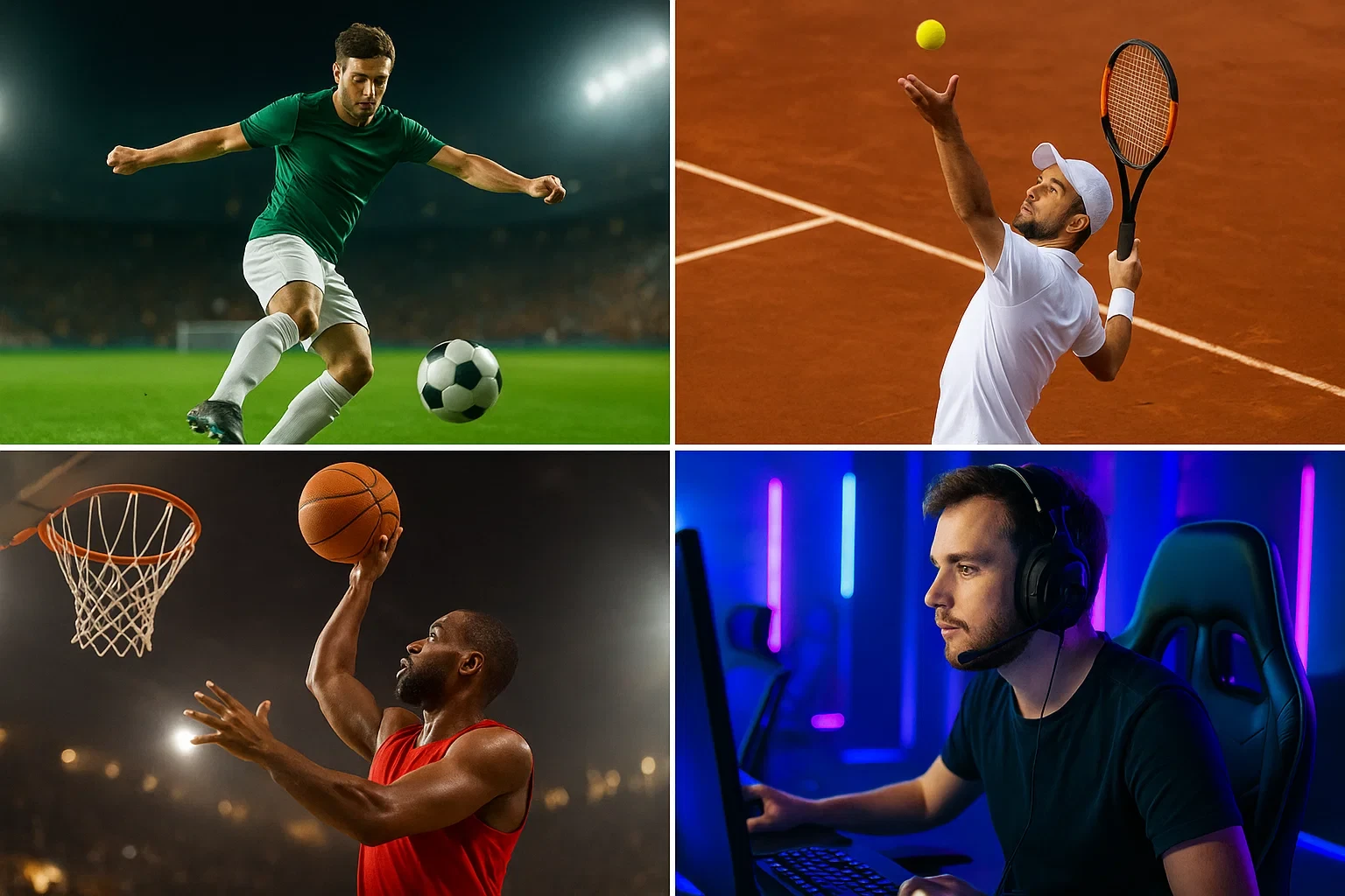 Composição dividida em quatro partes mostrando futebol, ténis, basquetebol e eSports em ação