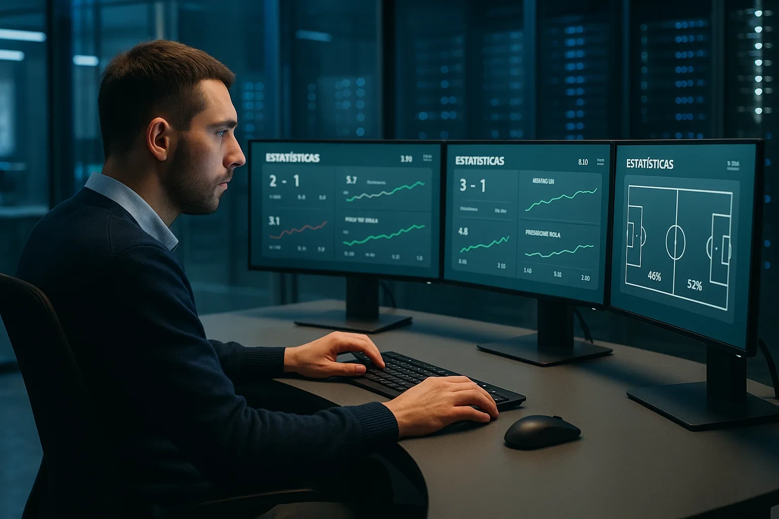 Centro de dados com analista a monitorizar cálculo de odds em tempo real