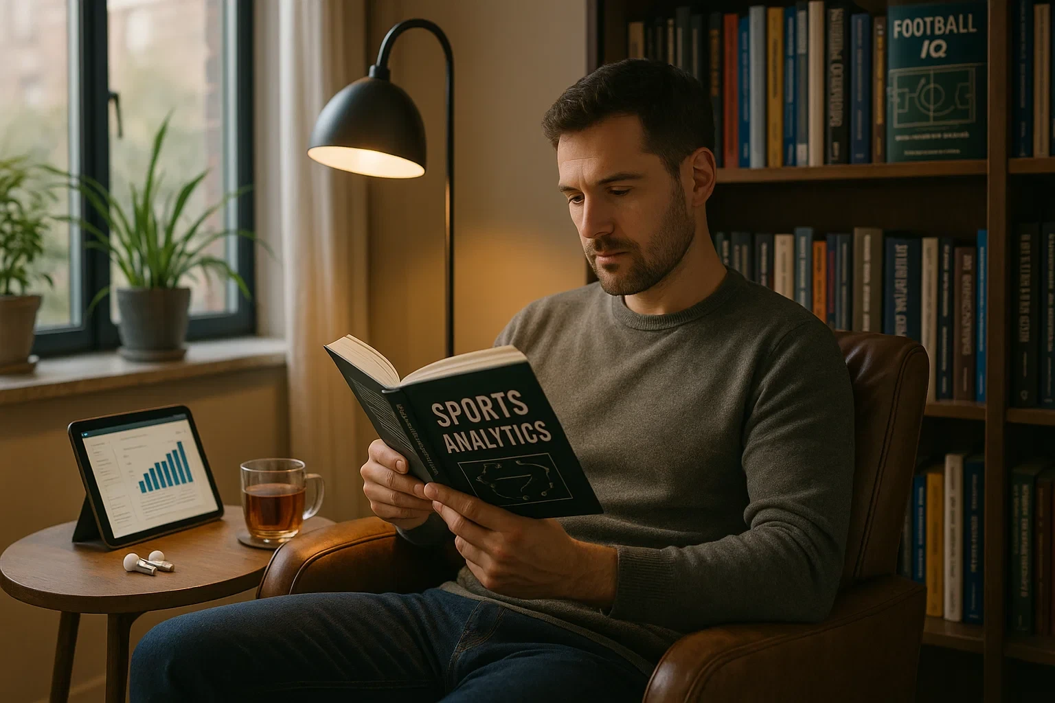 Pessoa a ler livro sobre estratégias de apostas num canto de leitura confortável com tablet e chá