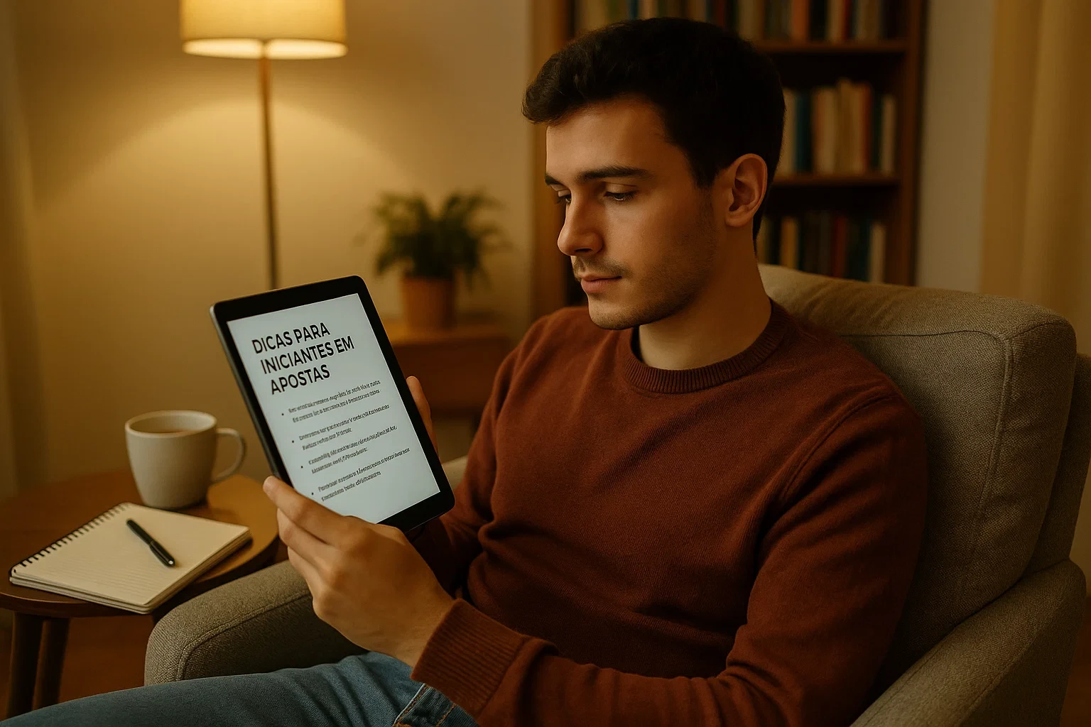 Jovem iniciante a estudar informação sobre apostas num tablet em ambiente acolhedor