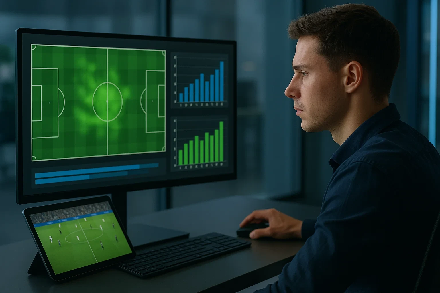 Espaço de trabalho com monitor a mostrar dashboard de estatísticas avançadas de futebol com mapa de calor
