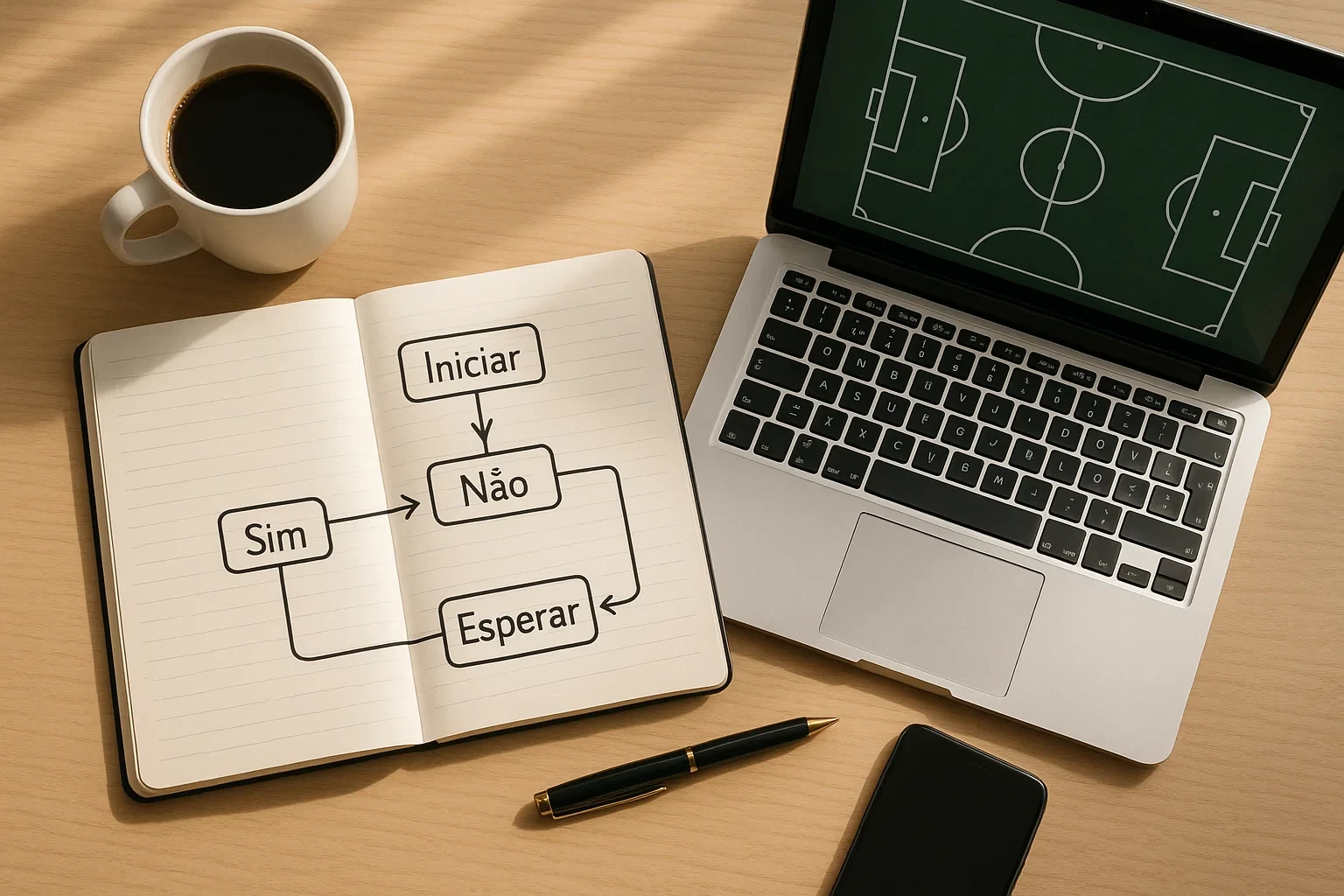 Mesa de trabalho organizada com caderno de planeamento estratégico e portátil mostrando diagrama de futebol