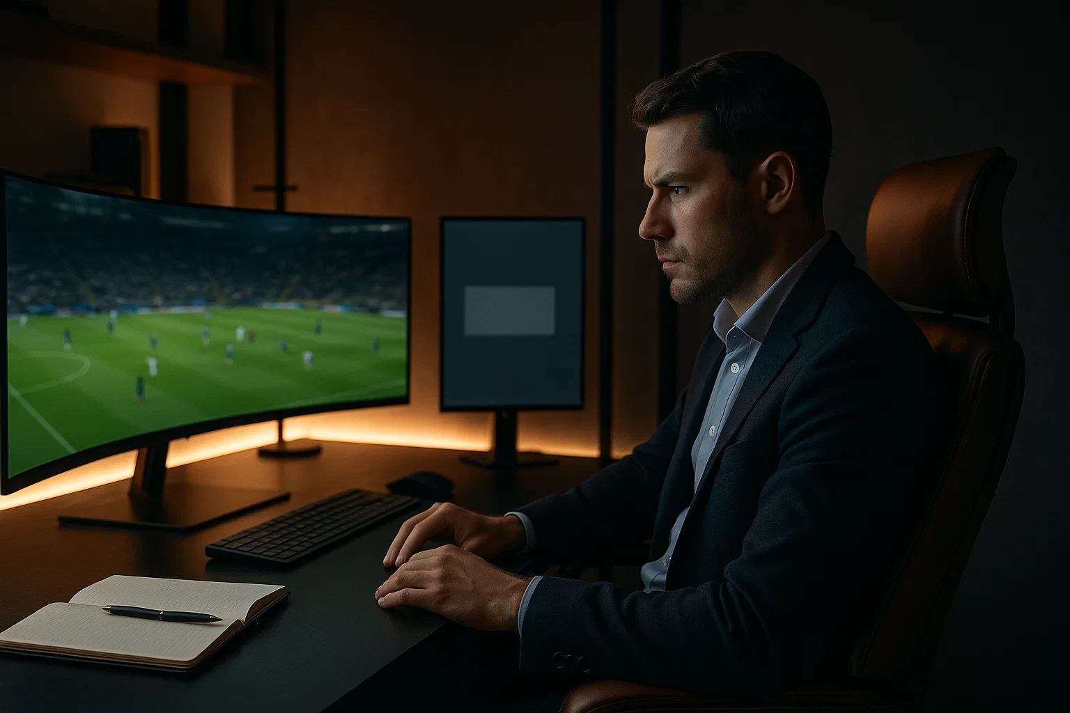 Profissional focado a analisar jogo de futebol em monitor curvo com estatísticas para apostas ao vivo