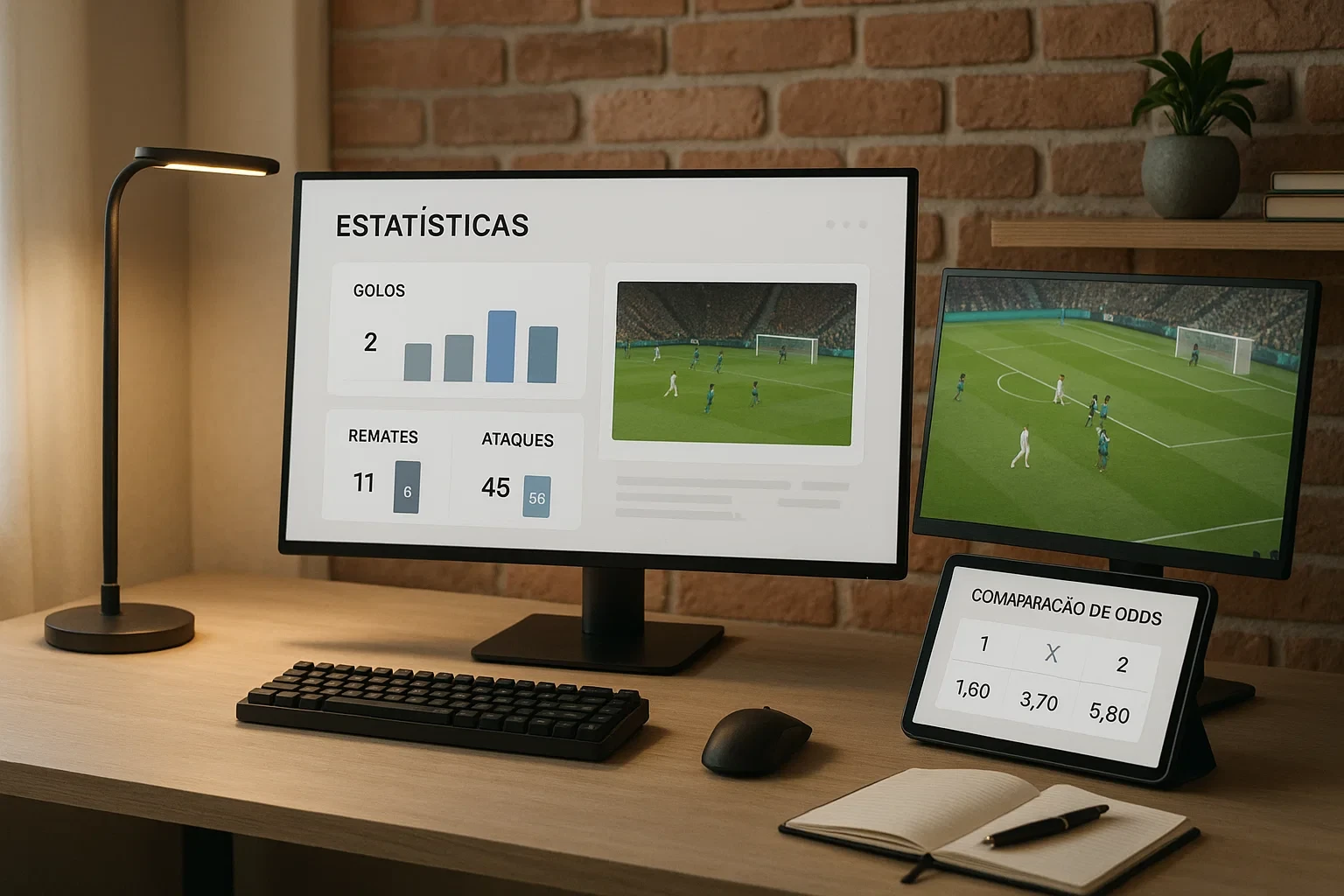 Espaço de trabalho profissional com monitores para análise de odds e estatísticas desportivas