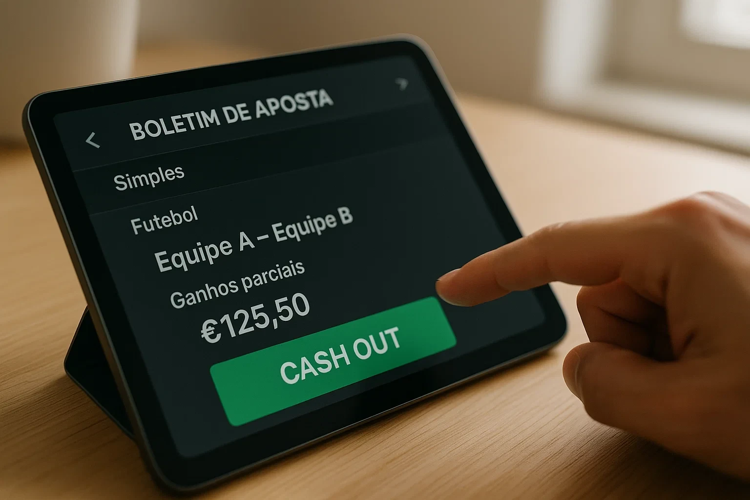 Dedo prestes a clicar no botão Cash Out verde num tablet com aposta desportiva