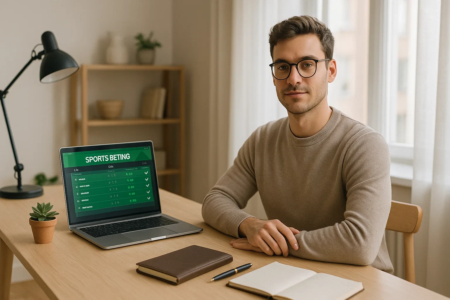 Profissional focado a gerir apostas ao vivo num escritório moderno com portátil