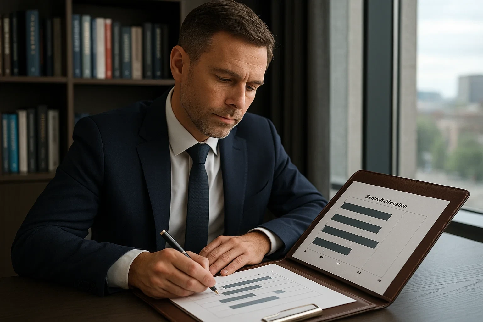 Profissional a analisar documentos de gestão financeira e alocação de banca para apostas