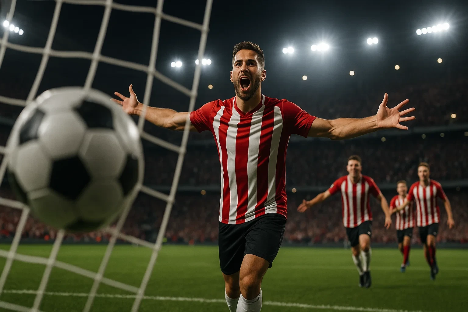 Jogador de futebol a celebrar golo no estádio com adeptos a festejar nas bancadas