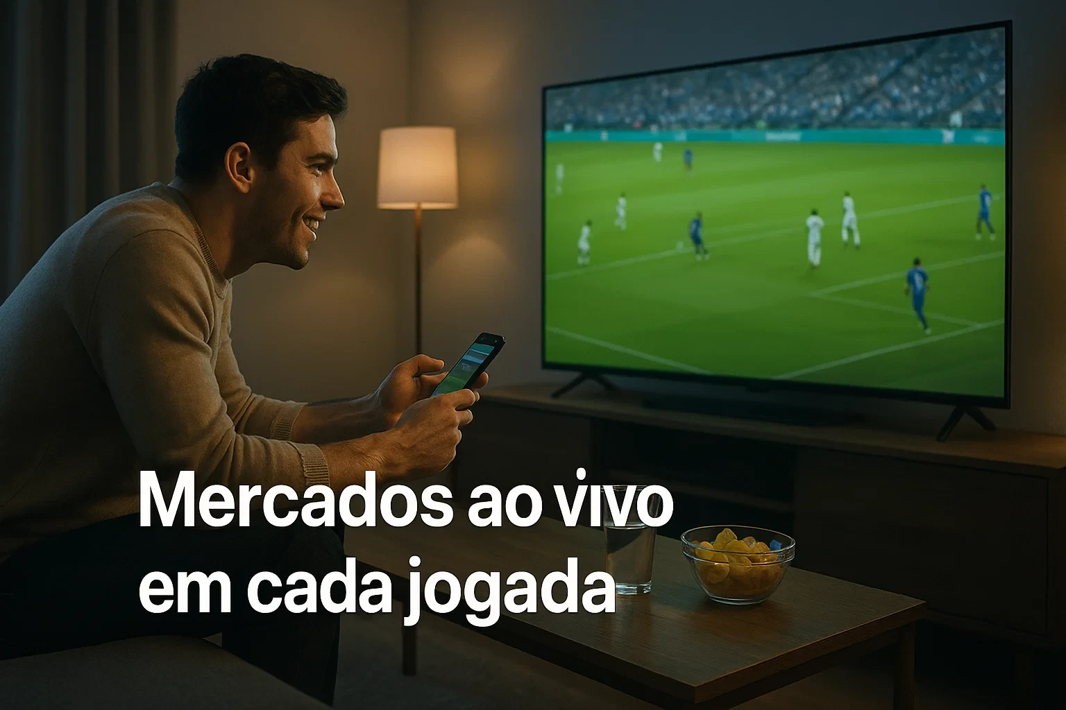 Homem entusiasmado a assistir jogo de futebol na televisão com smartphone para apostas ao vivo