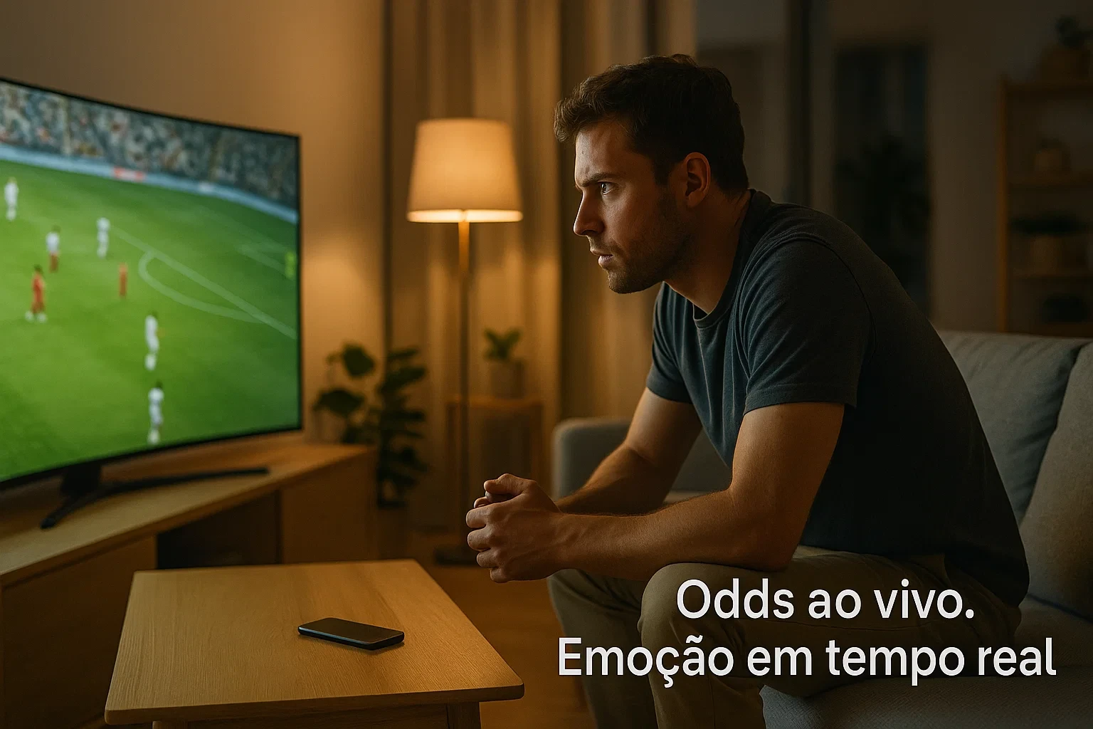 Homem a assistir jogo de futebol na televisão para apostas ao vivo em tempo real