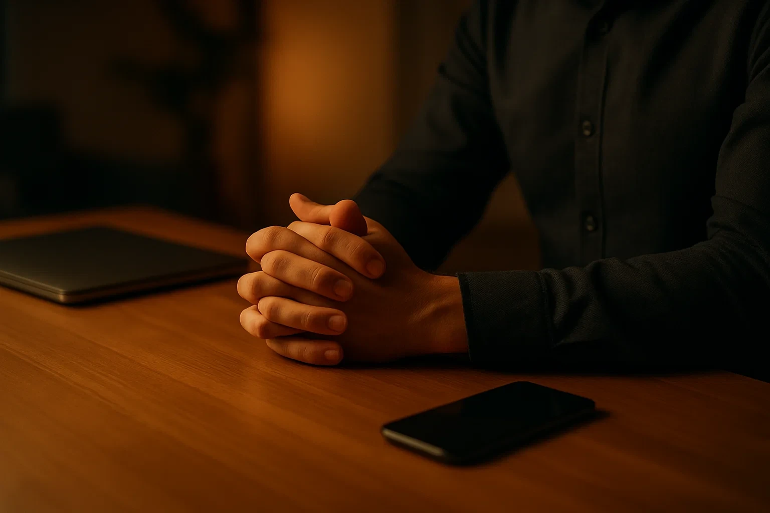 Mãos pousadas sobre mesa em gesto de pausa e autocontrolo com portátil fechado