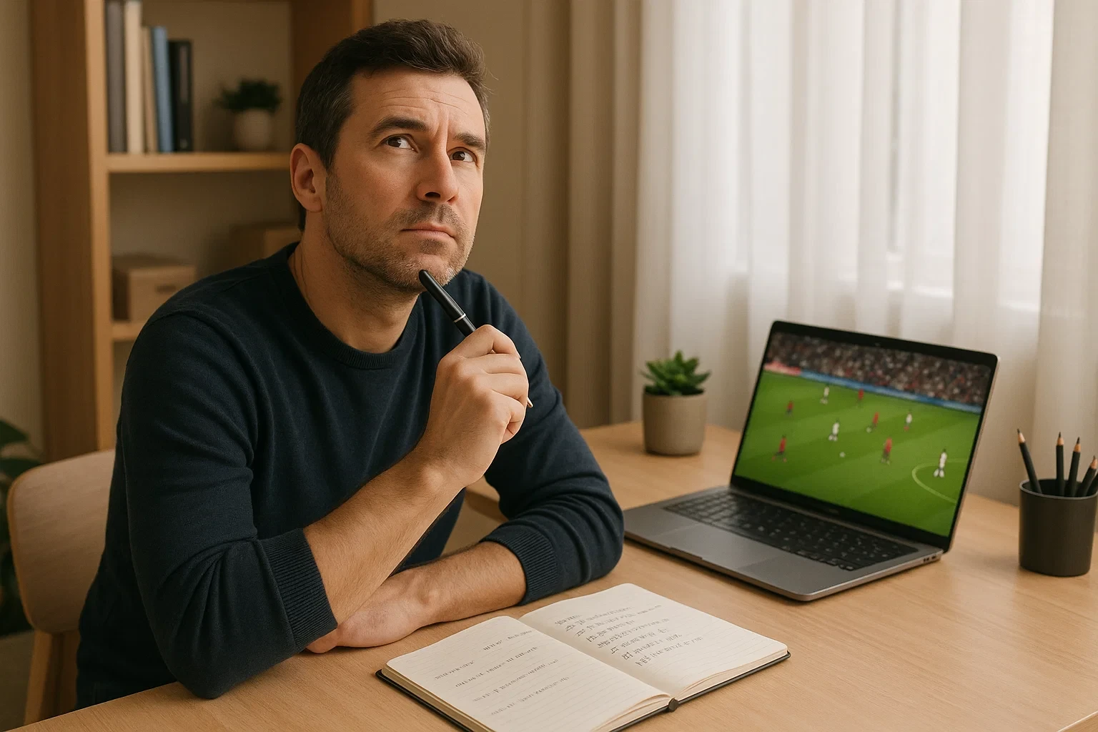 Homem a planear estratégias de apostas desportivas com caderno e computador portátil