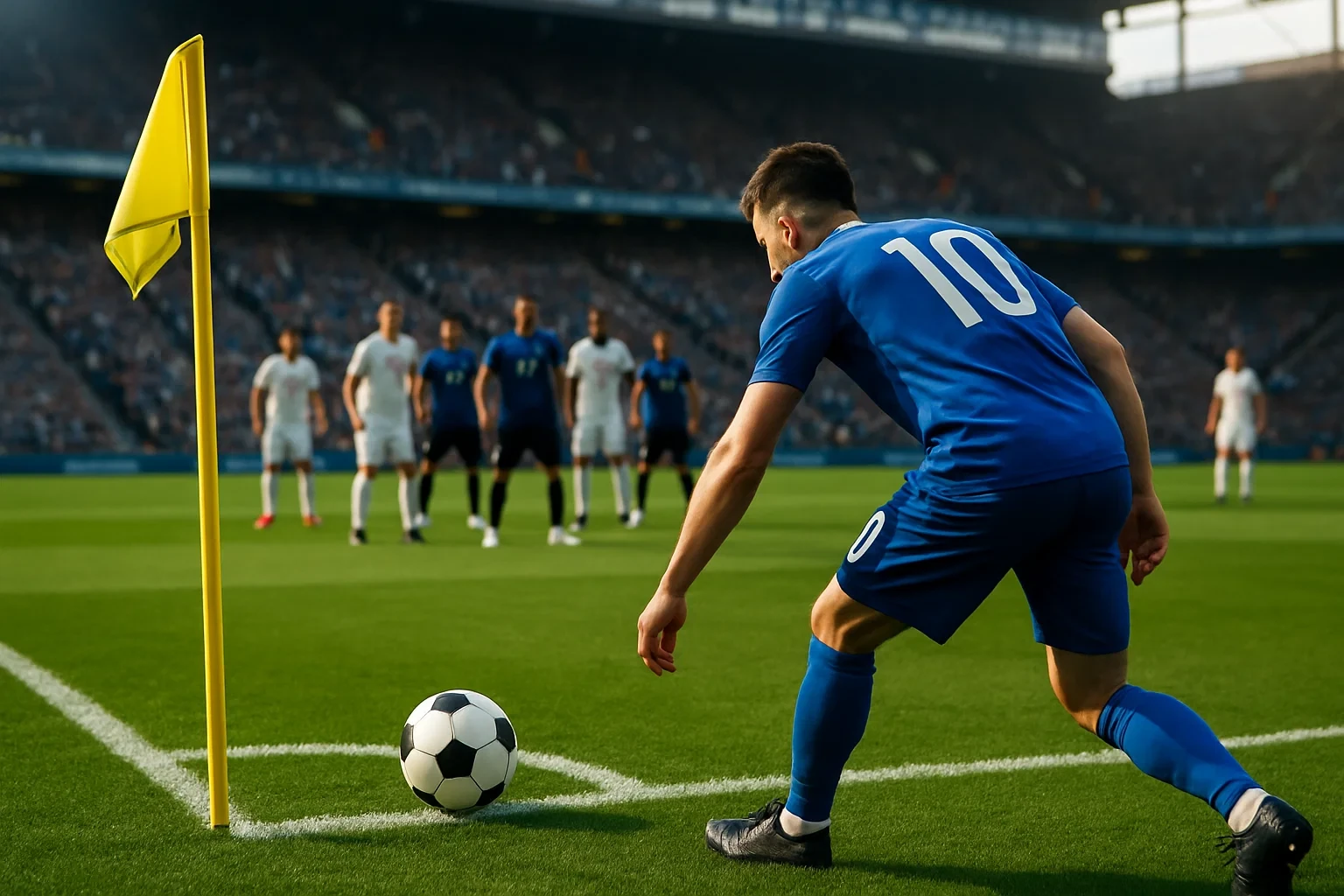 Jogador a preparar pontapé de canto com bandeirola e jogadores posicionados na área