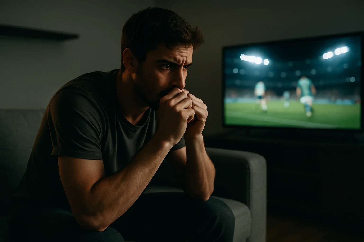 Jovem apostador a ver jogo de futebol na televisão com expressão de tensão e expectativa