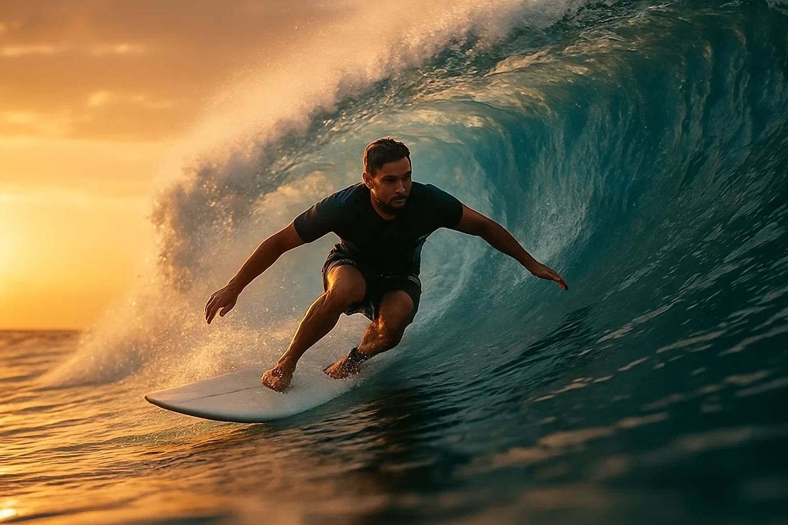Surfista profissional a dominar uma onda ao pôr do sol como metáfora da volatilidade do mercado
