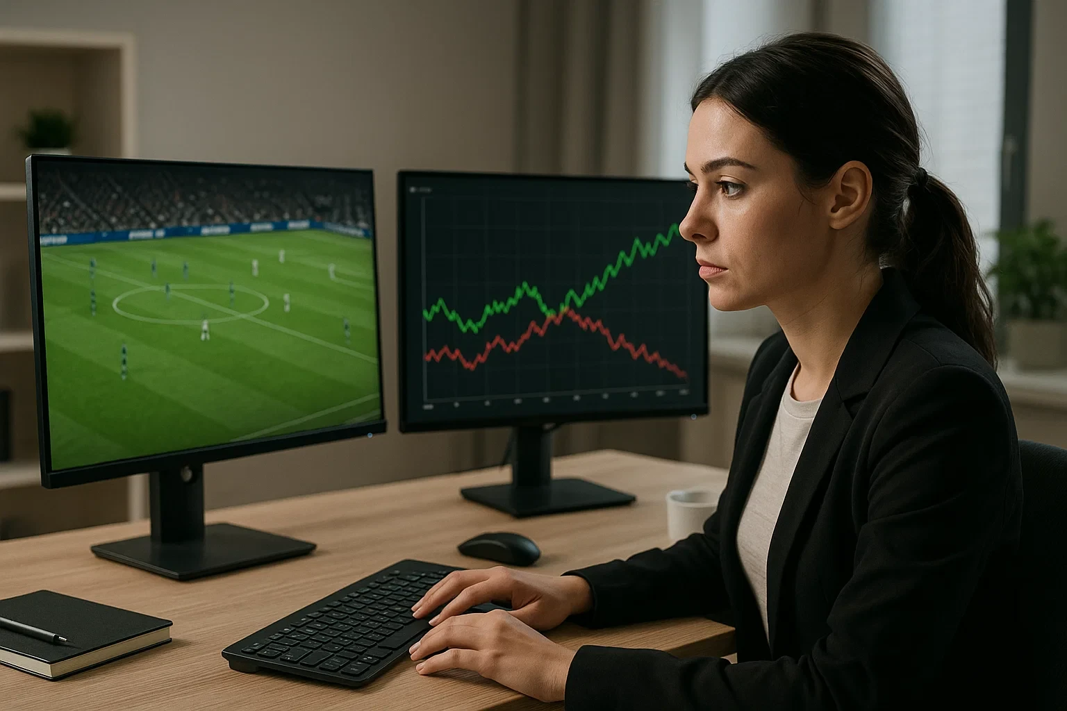 Mulher profissional a fazer trading de apostas ao vivo com dois monitores mostrando jogo e gráfico de odds